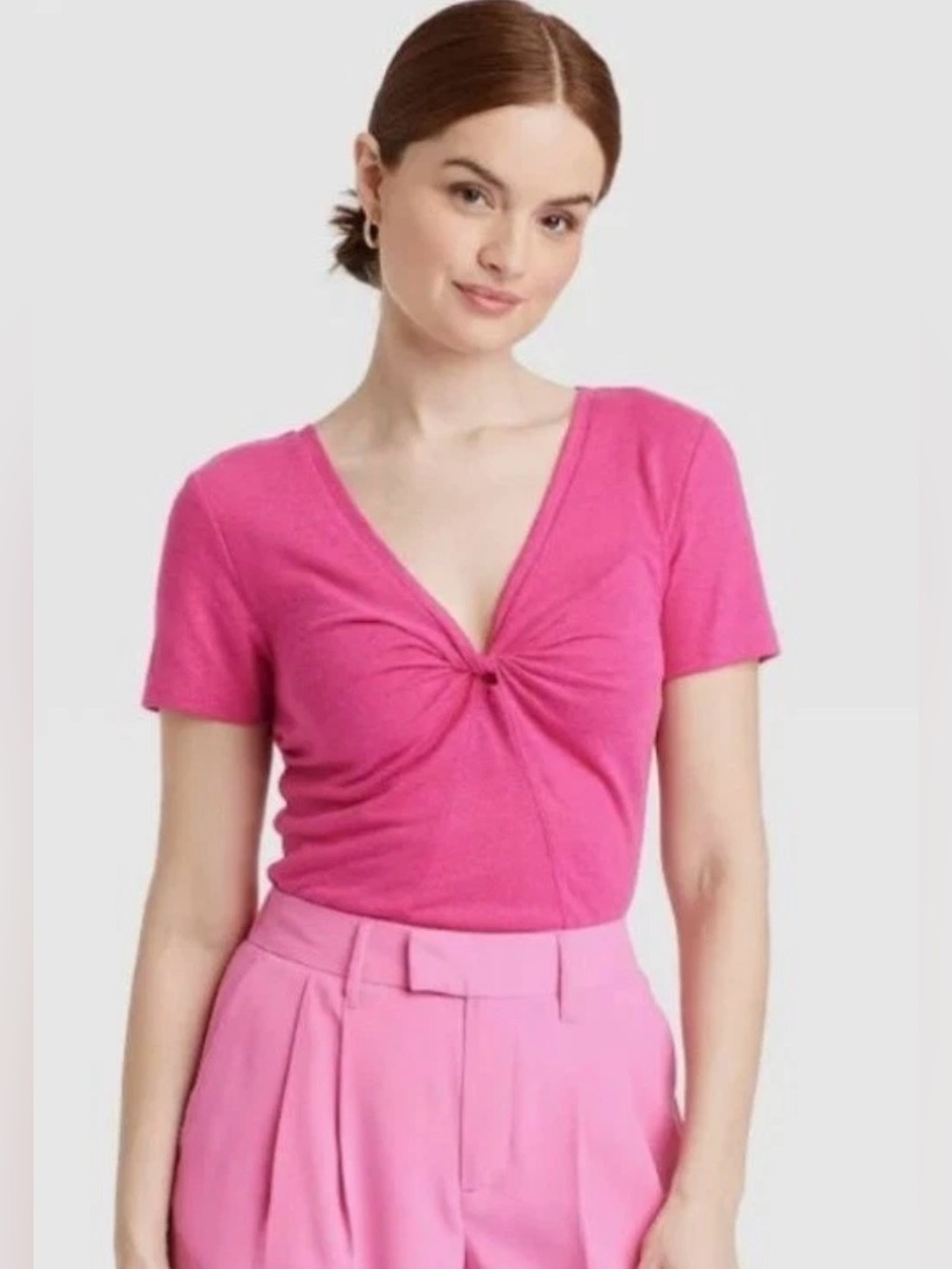 a new day Pink Twist-Front Short Sleeve V-Neck Top